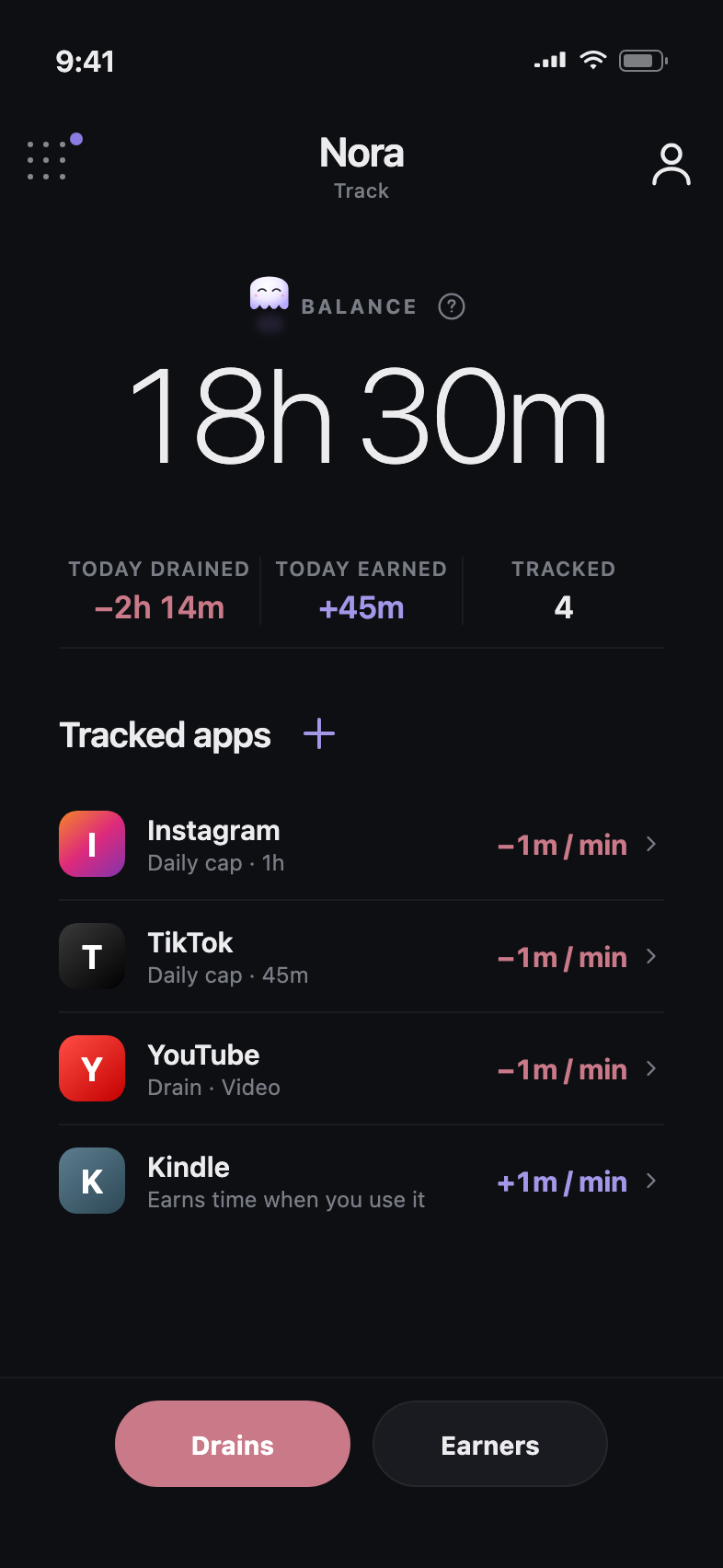 Nora's Track screen listing the apps that drain your minutes